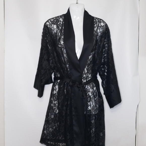 Vintage Victoria's Secret Lace Robe Satin Trim O/S Black Self Tie Belt Women's - Picture 2 of 15